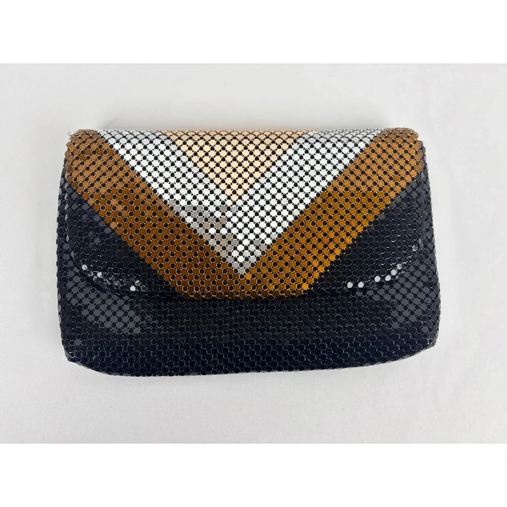 Vintage Style Metal Mesh Chevron Clutch Bag Black Gold Silver Evening Purse